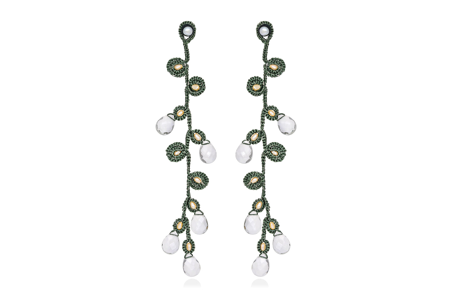 Large handcrafted lace earrings olive green crystal 