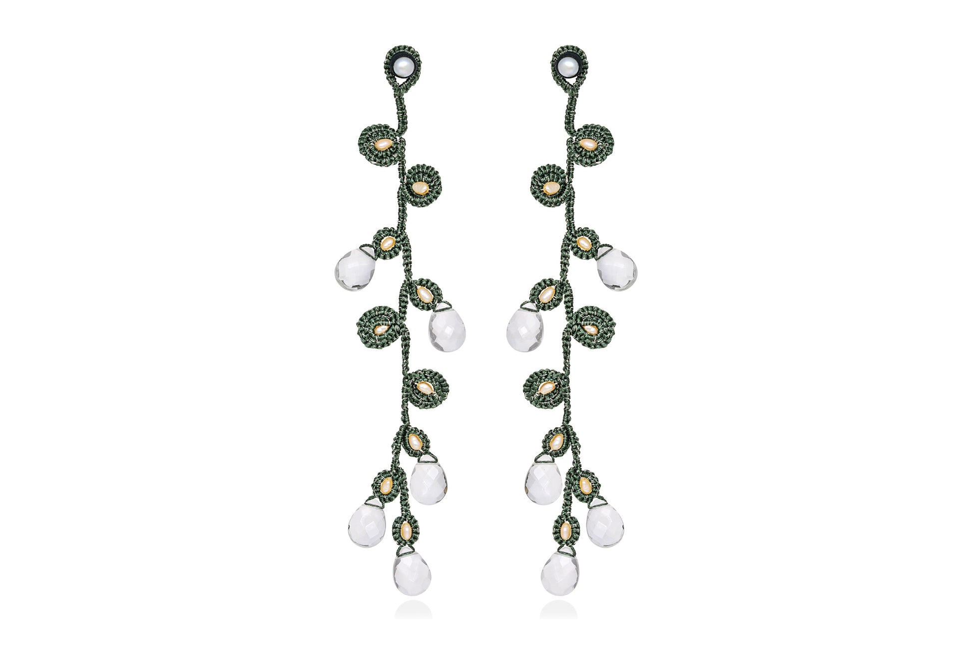 Large handcrafted lace earrings olive green crystal 