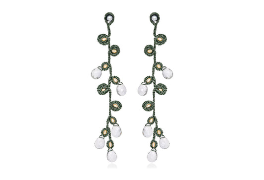 Large handcrafted lace earrings olive green crystal 