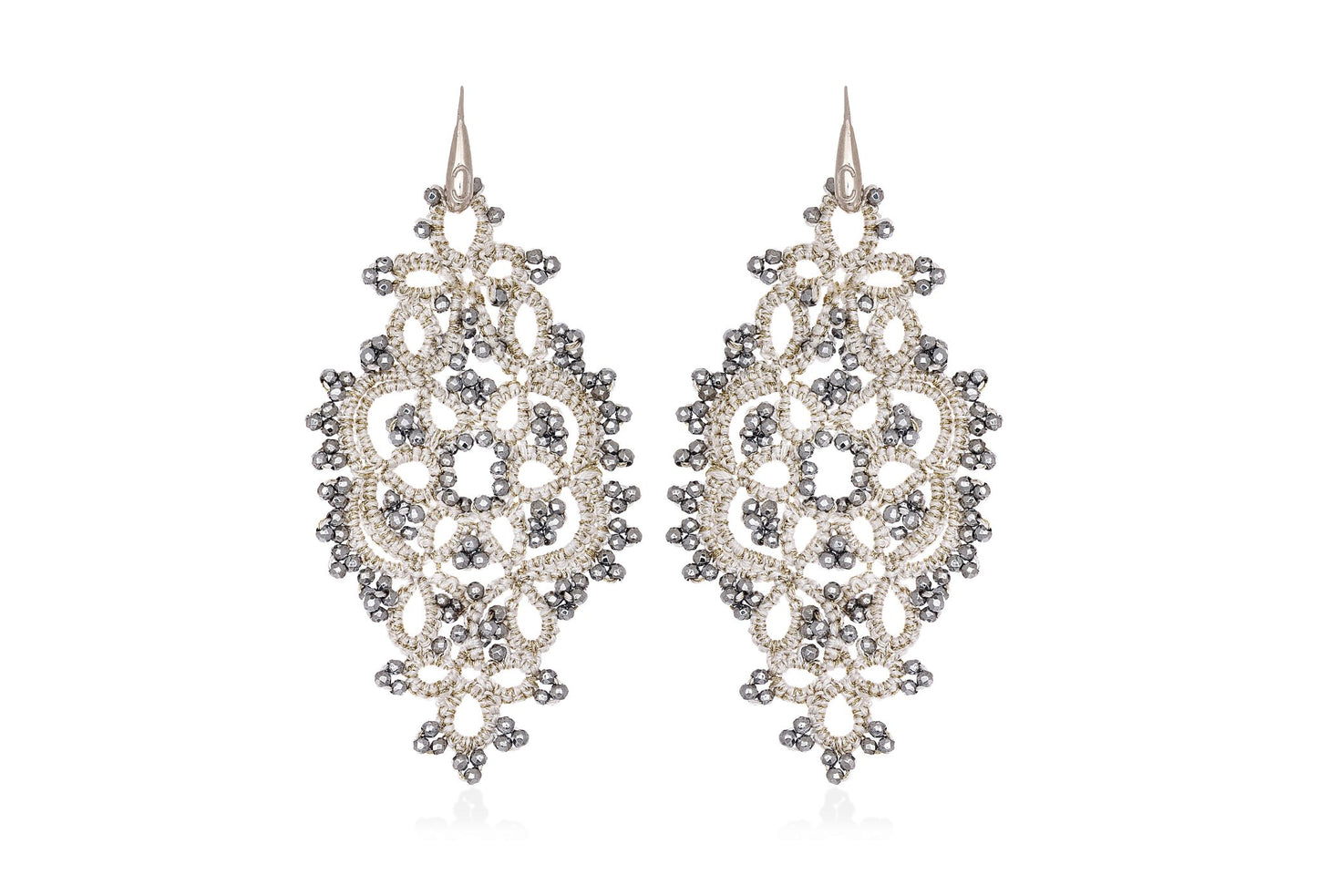 Alexandra lace earrings cream dark grey close up