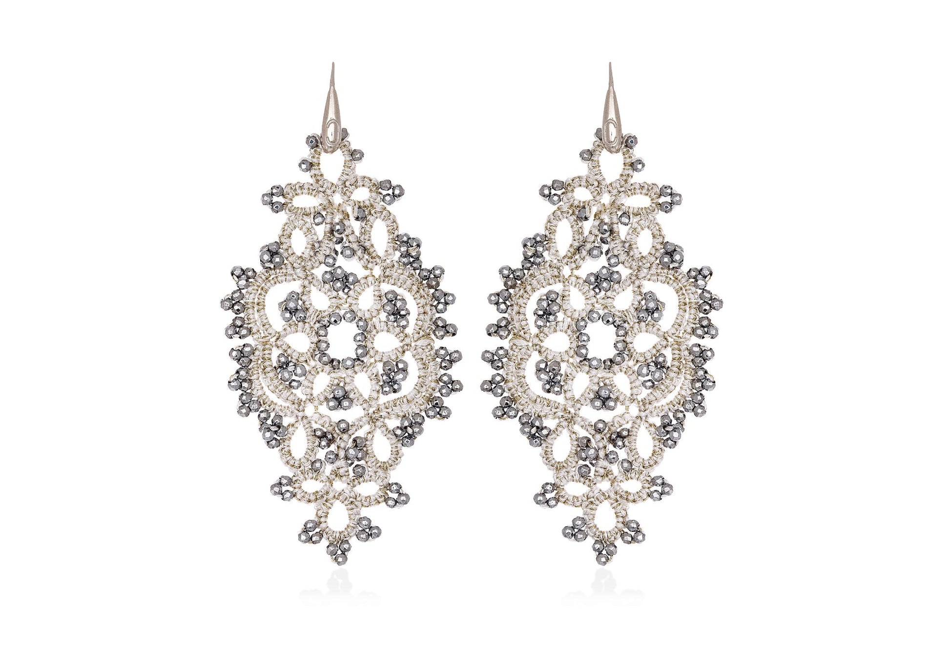 Alexandra lace earrings cream dark grey close up