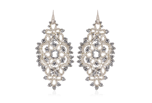 Alexandra lace earrings cream dark grey close up