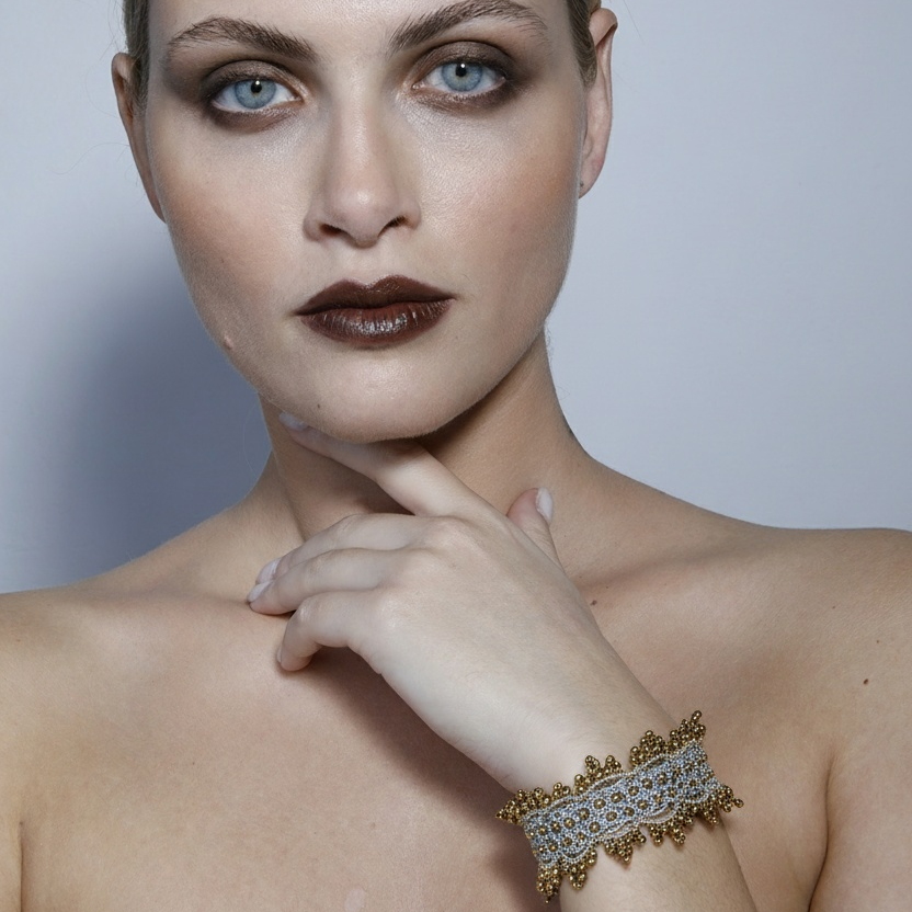 Woman wearing Amalfi handcrafted lace bracelet 