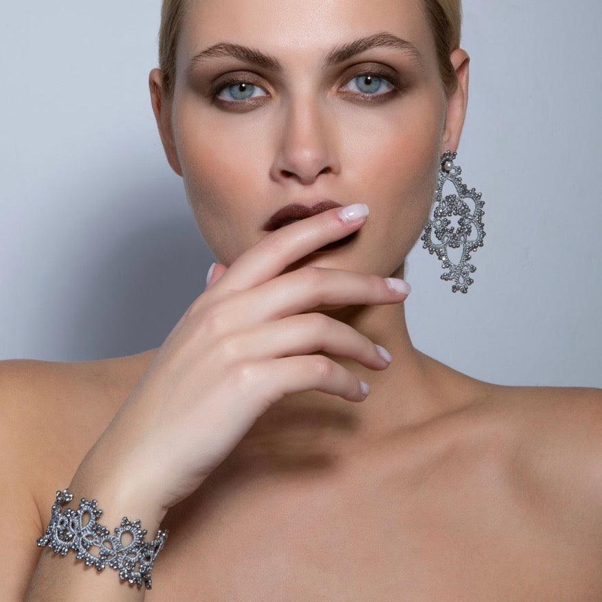 Baby blue Amelia lace bracelet being worn