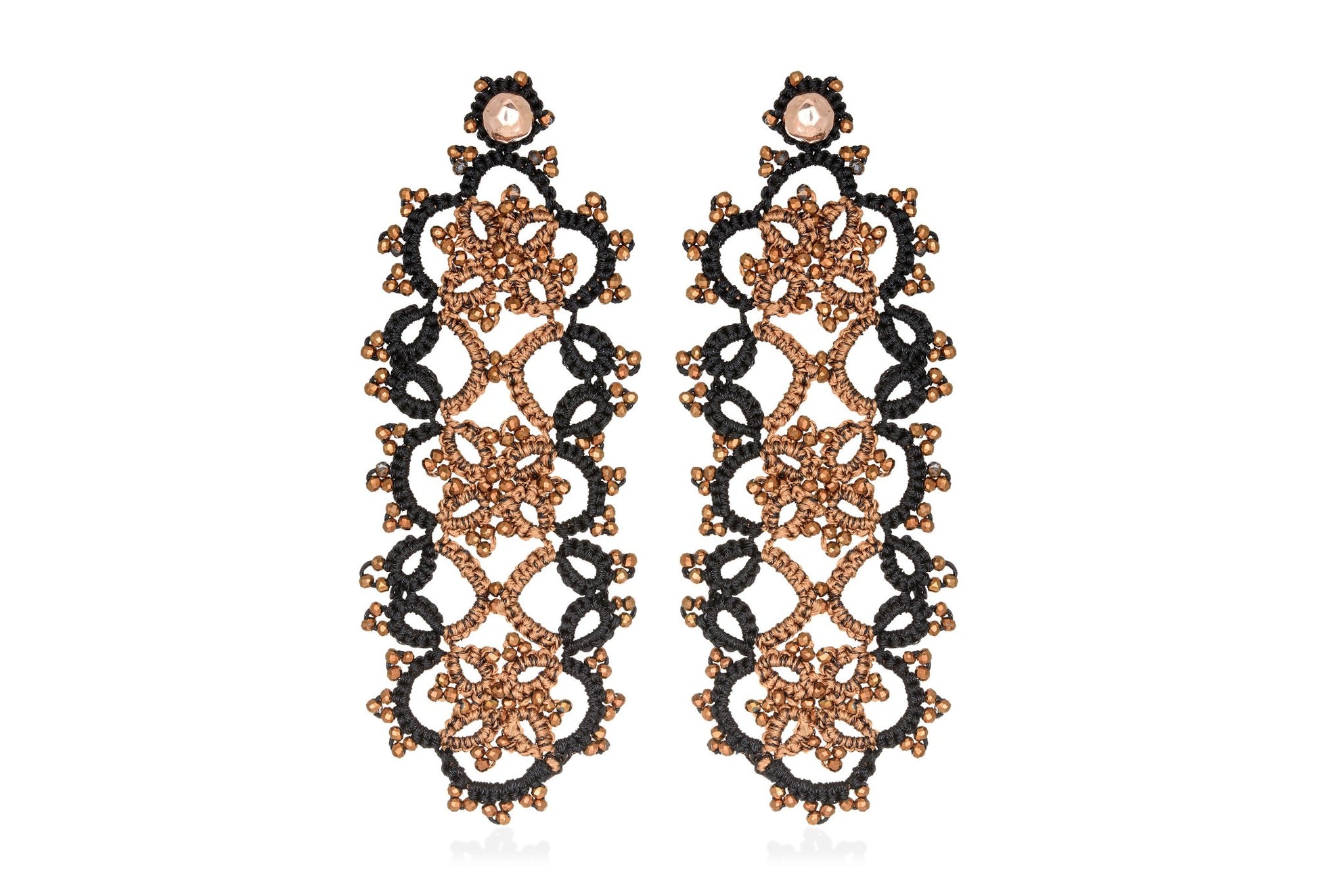Art Deco handcrafted gemstone lace earrings black bronze