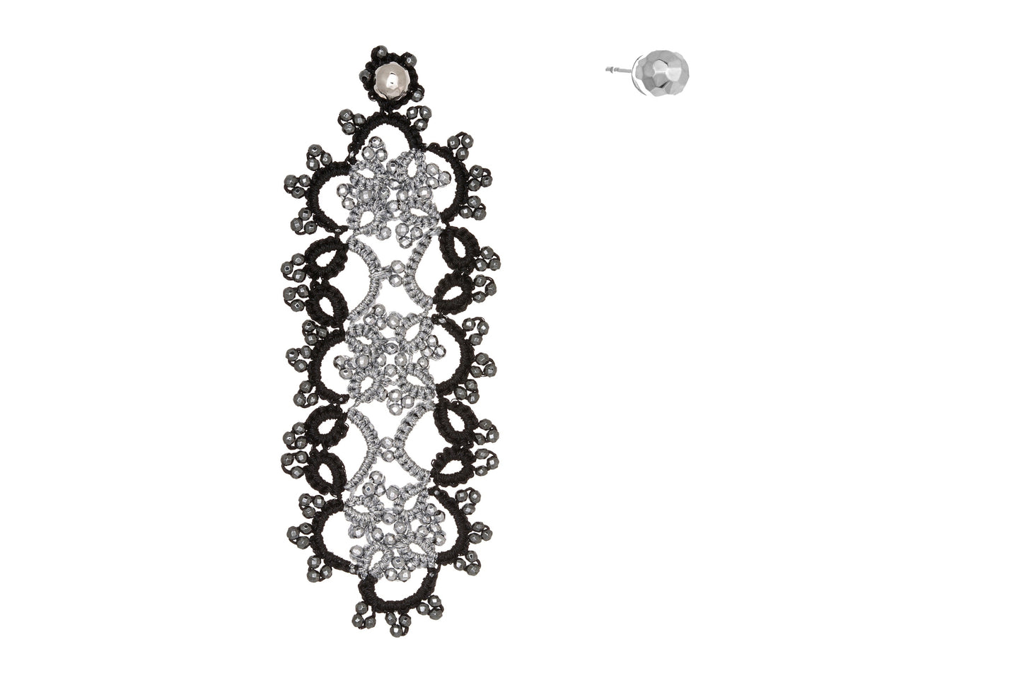 Handcrafted gemstone single statement lace earring & stud silver black dark grey