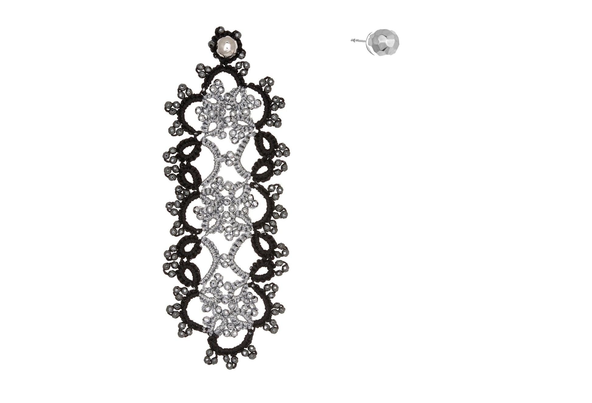 Handcrafted gemstone single statement lace earring & stud silver black dark grey