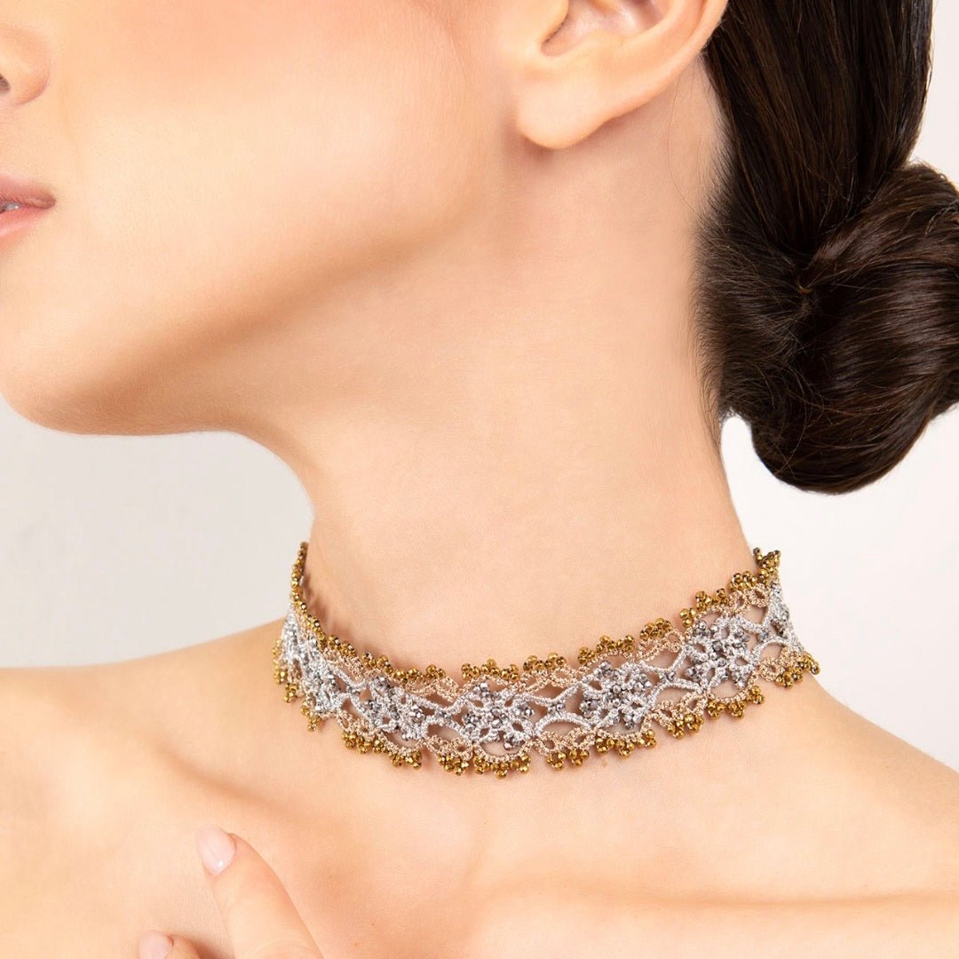 Art Deco handcrafted gemstone lace choker being worn