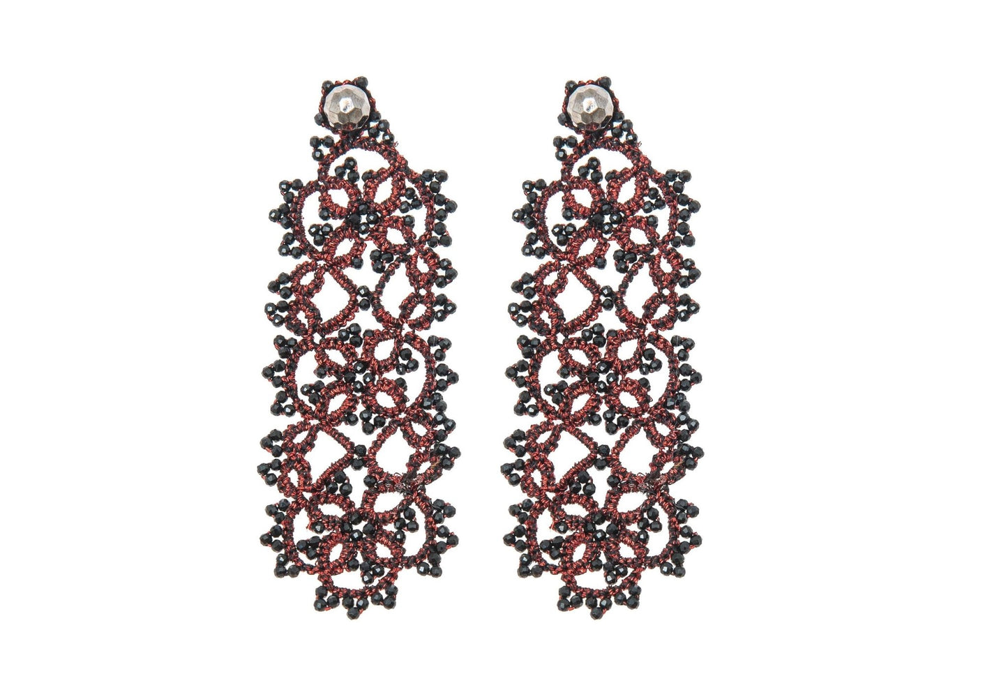 Art Deco handcrafted gemstone lace earrings burgundy black 