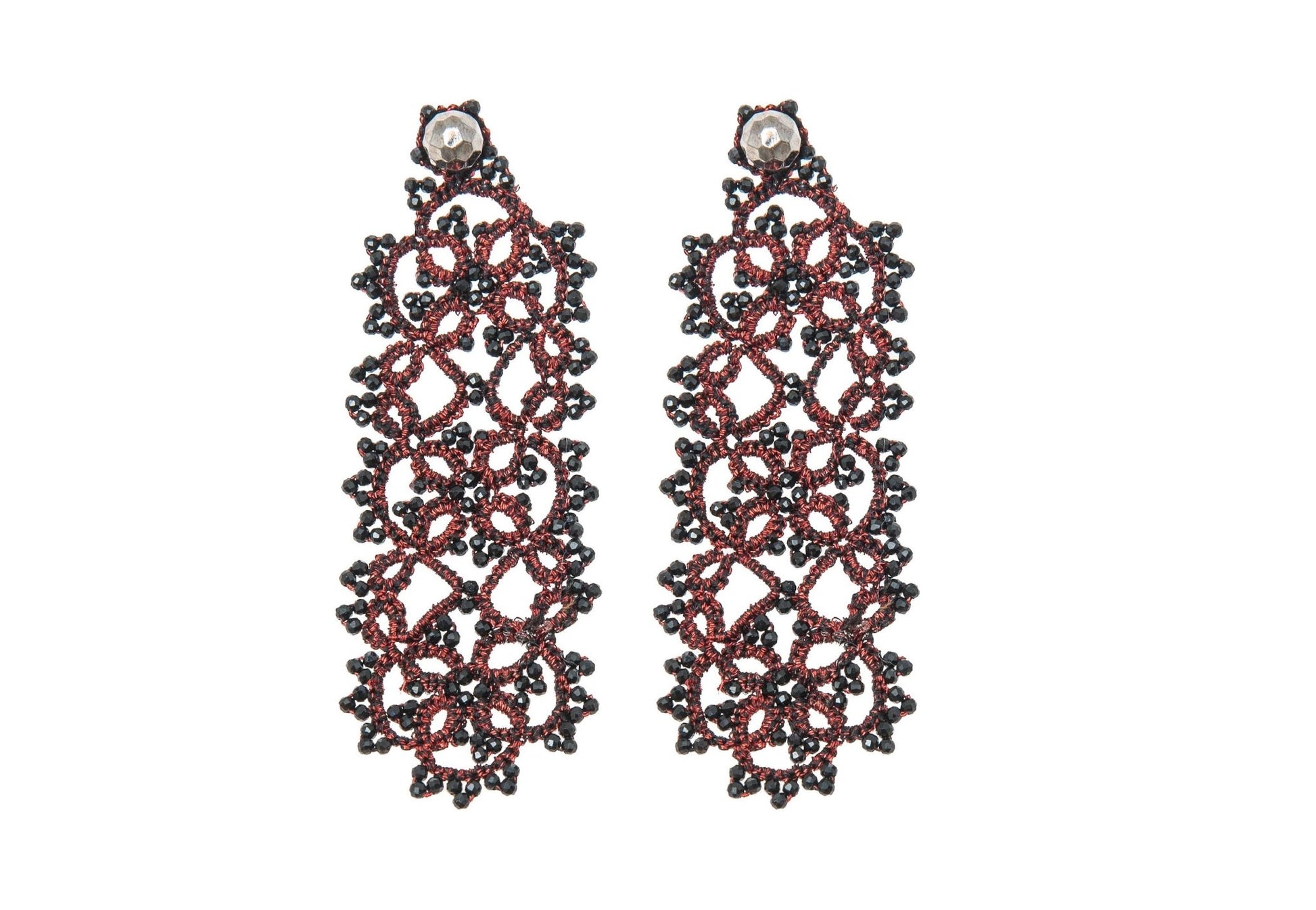 Art Deco handcrafted gemstone lace earrings burgundy black 