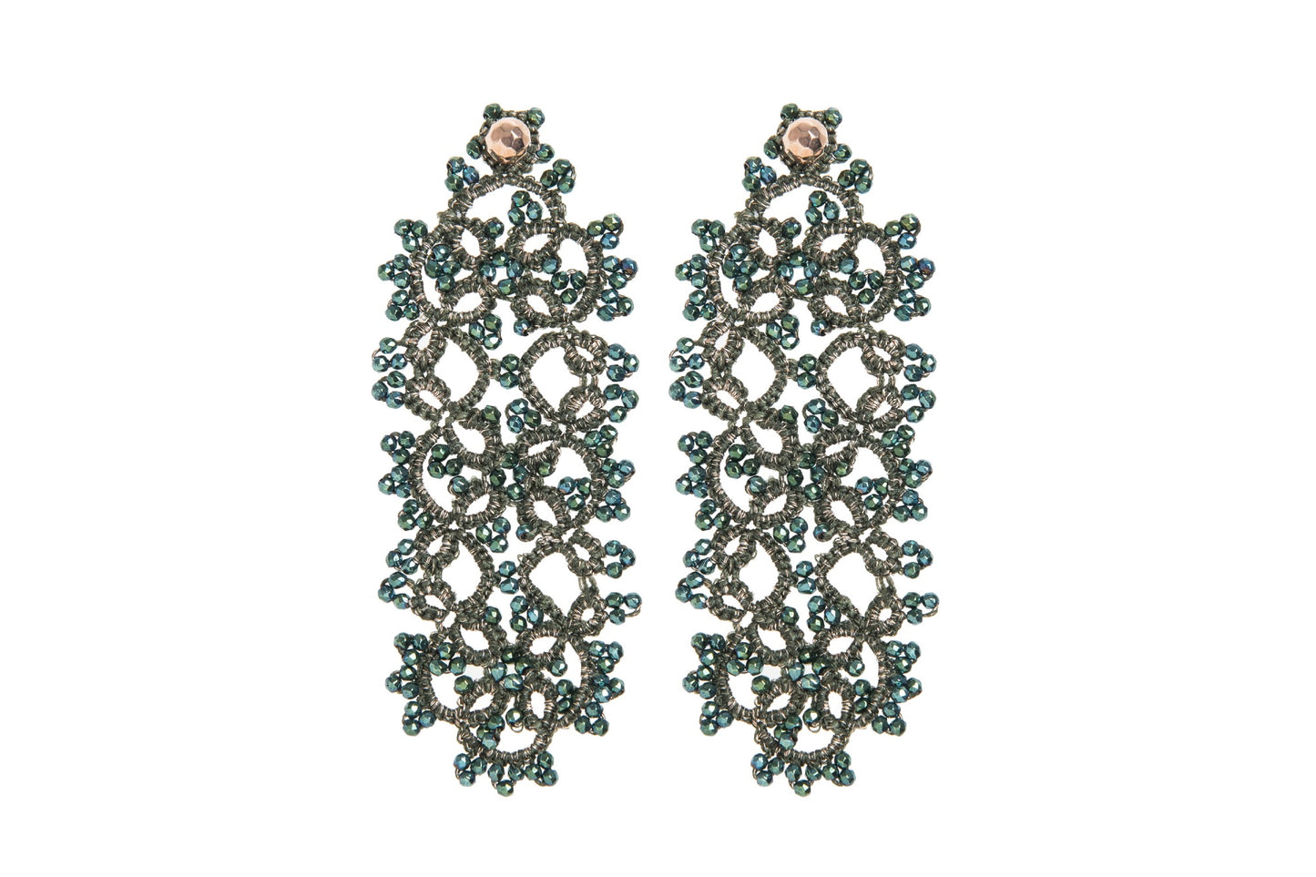 Art Deco handcrafted gemstone lace earrings on white backround