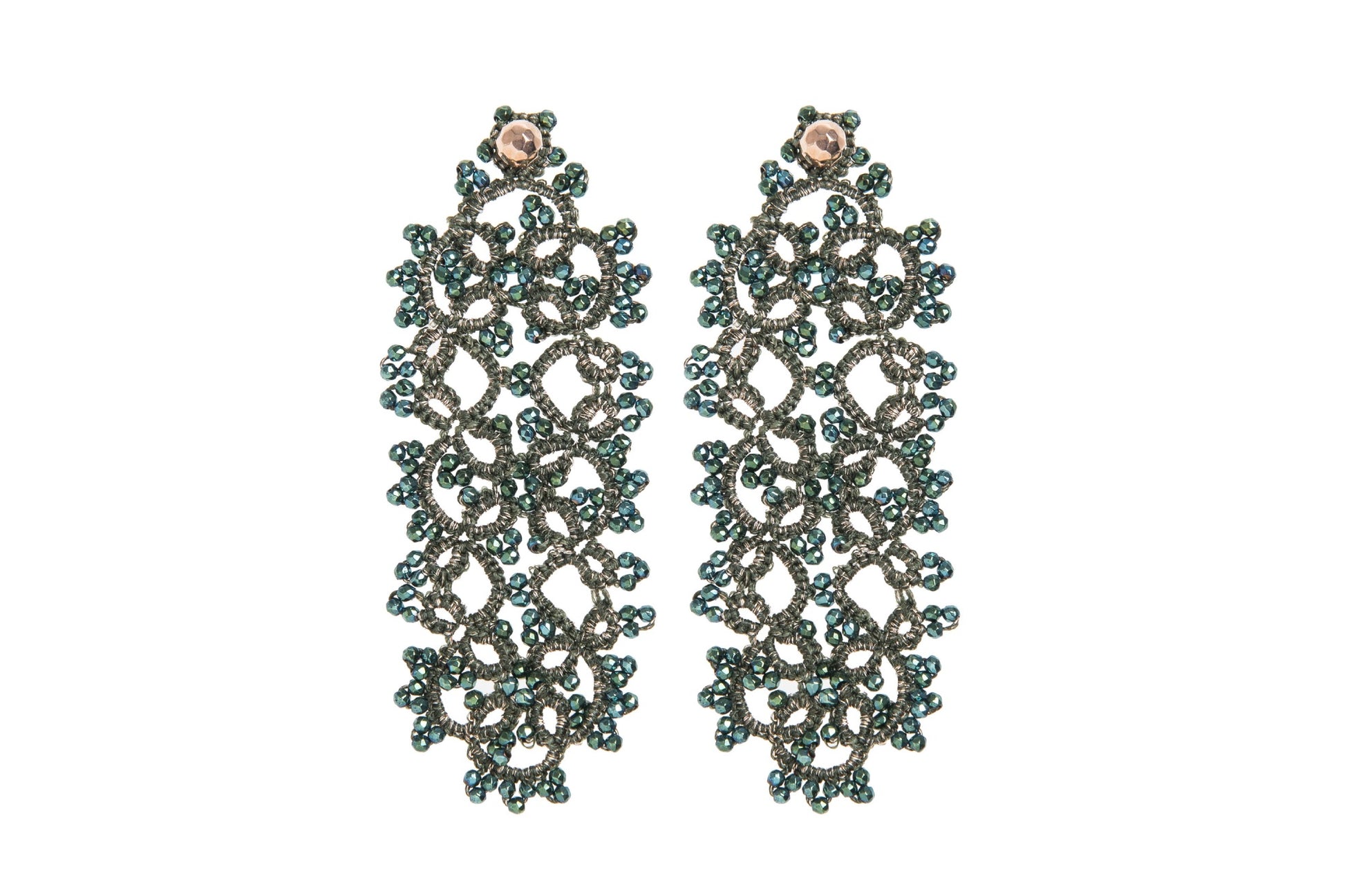Art Deco handcrafted gemstone lace earrings on white backround