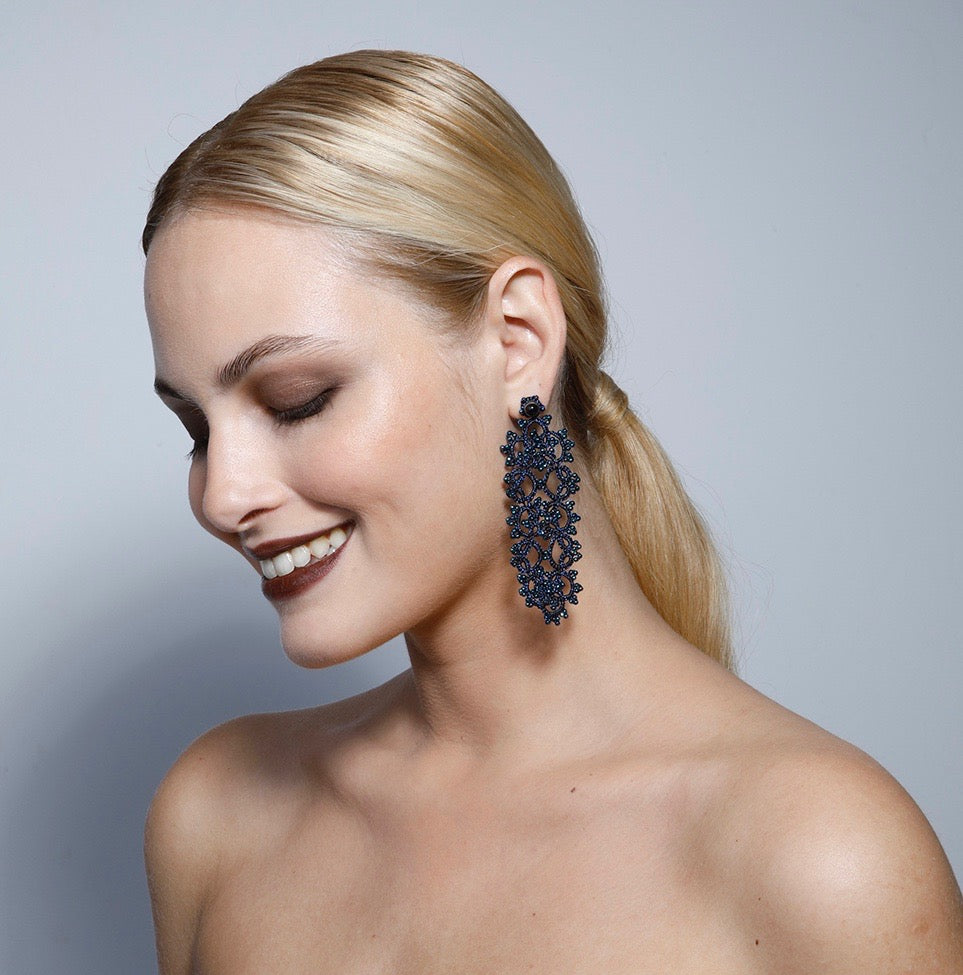 Art Deco handcrafted gemstone lace earrings being worn