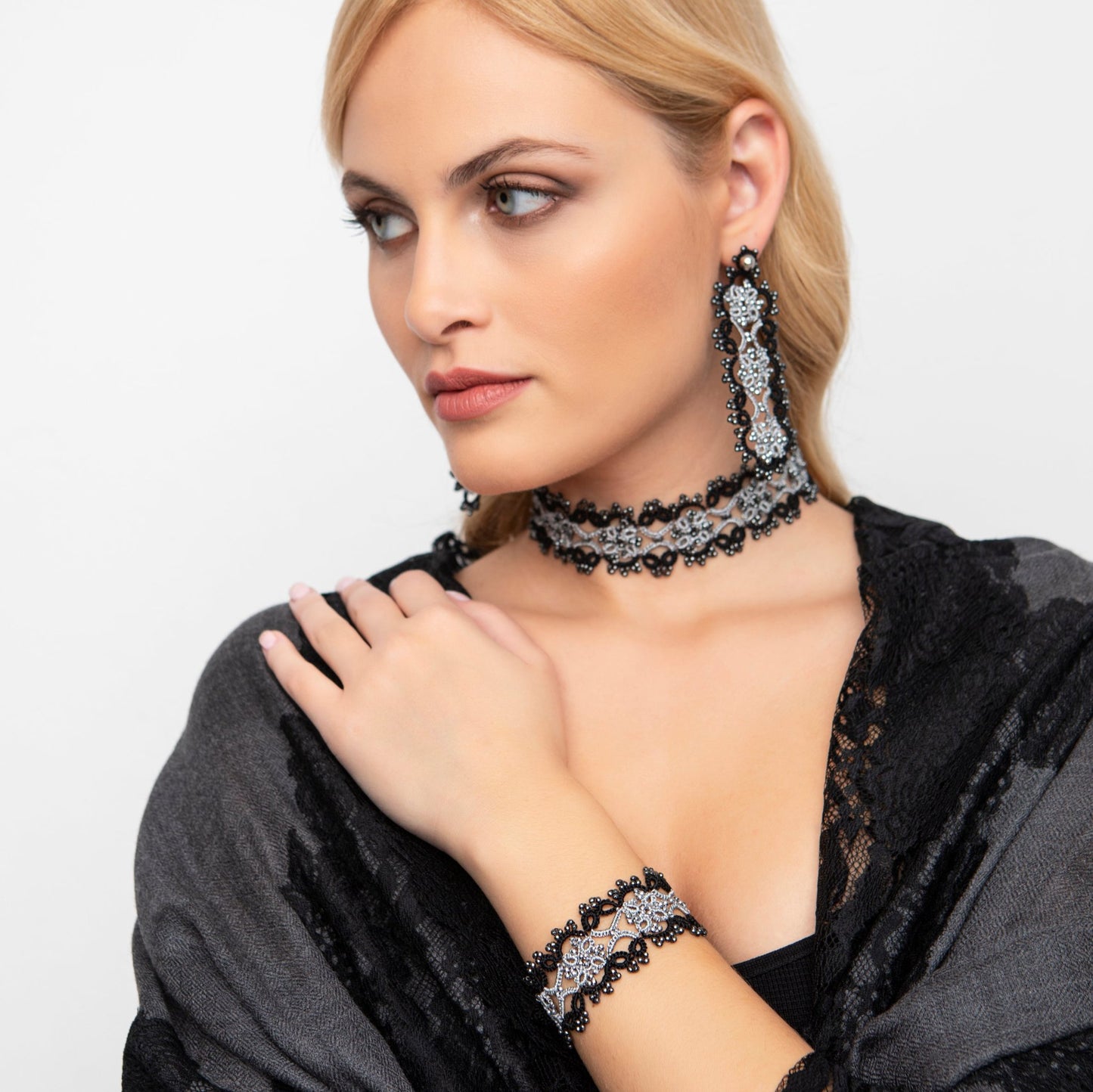 Art Deco handcrafted gemstone lace bracelet being worn