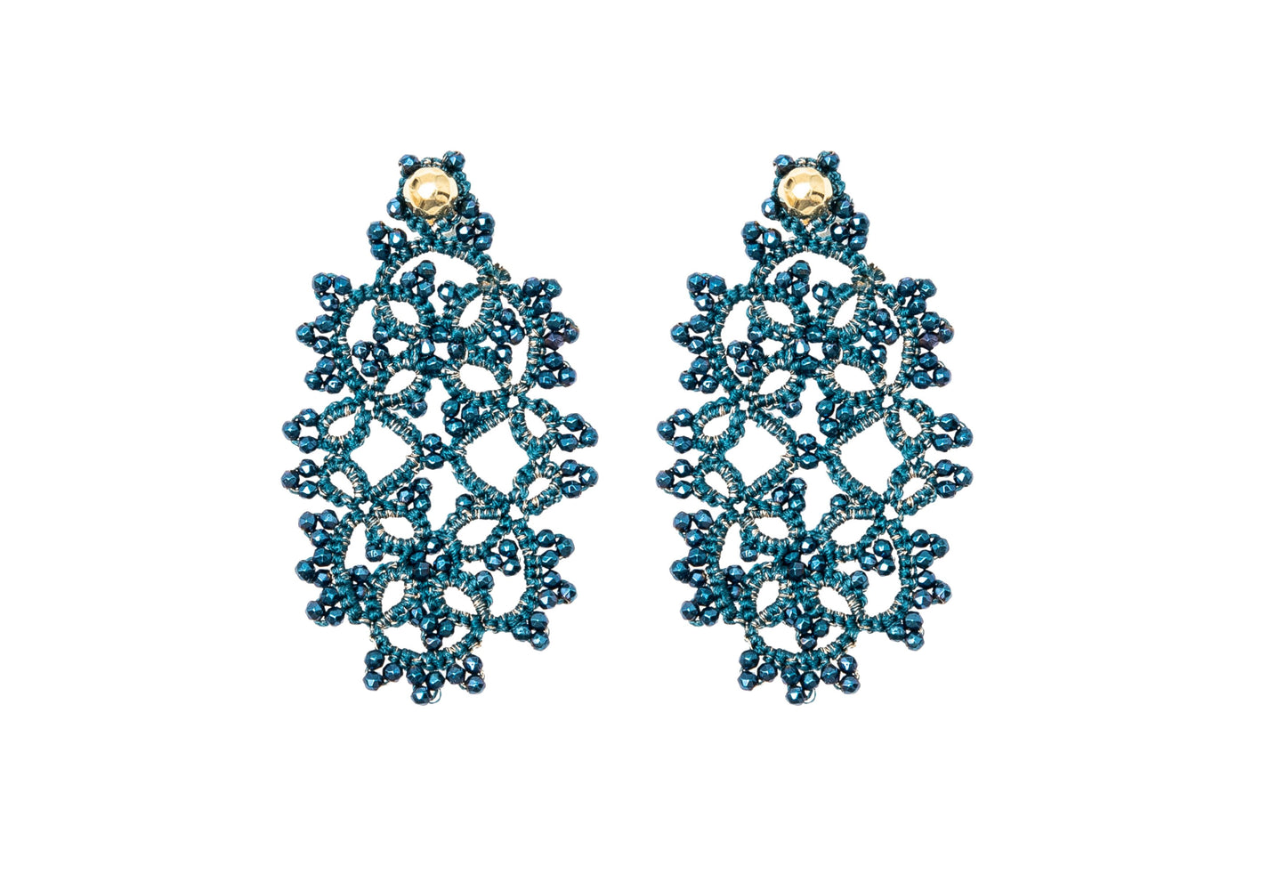 Art Deco small handcrafted gemstone lace earrings, blue petrol