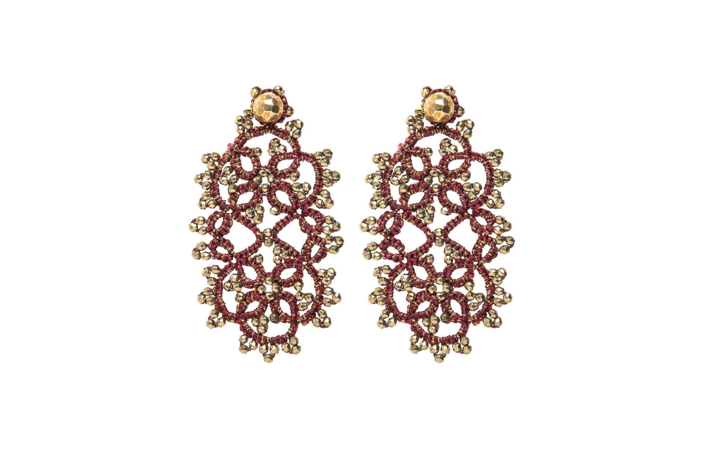 Art Deco small handcrafted gemstone lace earrings, burgundy gold