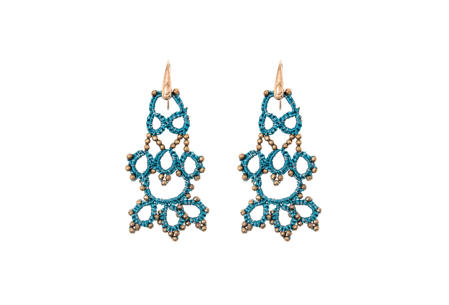 Bijoux handcrafted gemstone lace earrings, blue petrol bronze
