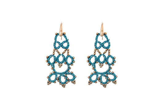Bijoux handcrafted gemstone lace earrings, blue petrol bronze