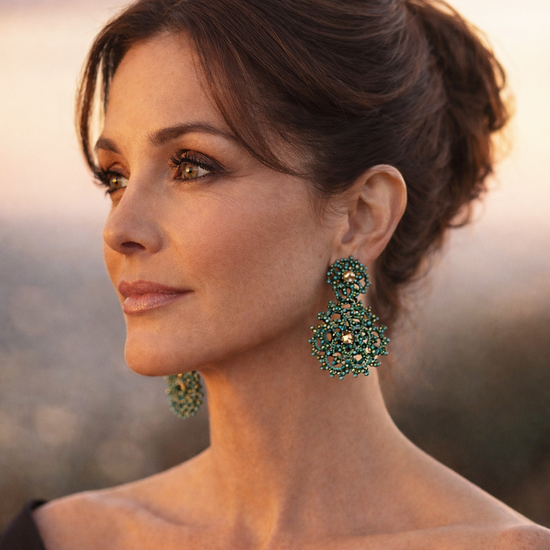 Handcrafted gemstone lace bloom earrings on an elegant woman 