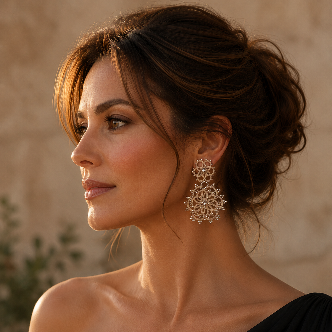 Woman wearing handcrafted lace earrings with a neutral background