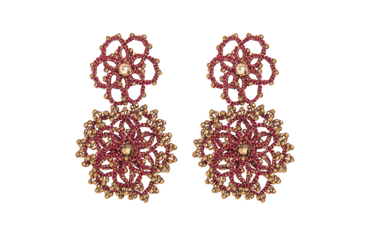 Pair of floral handcrafted lace earringson a white background