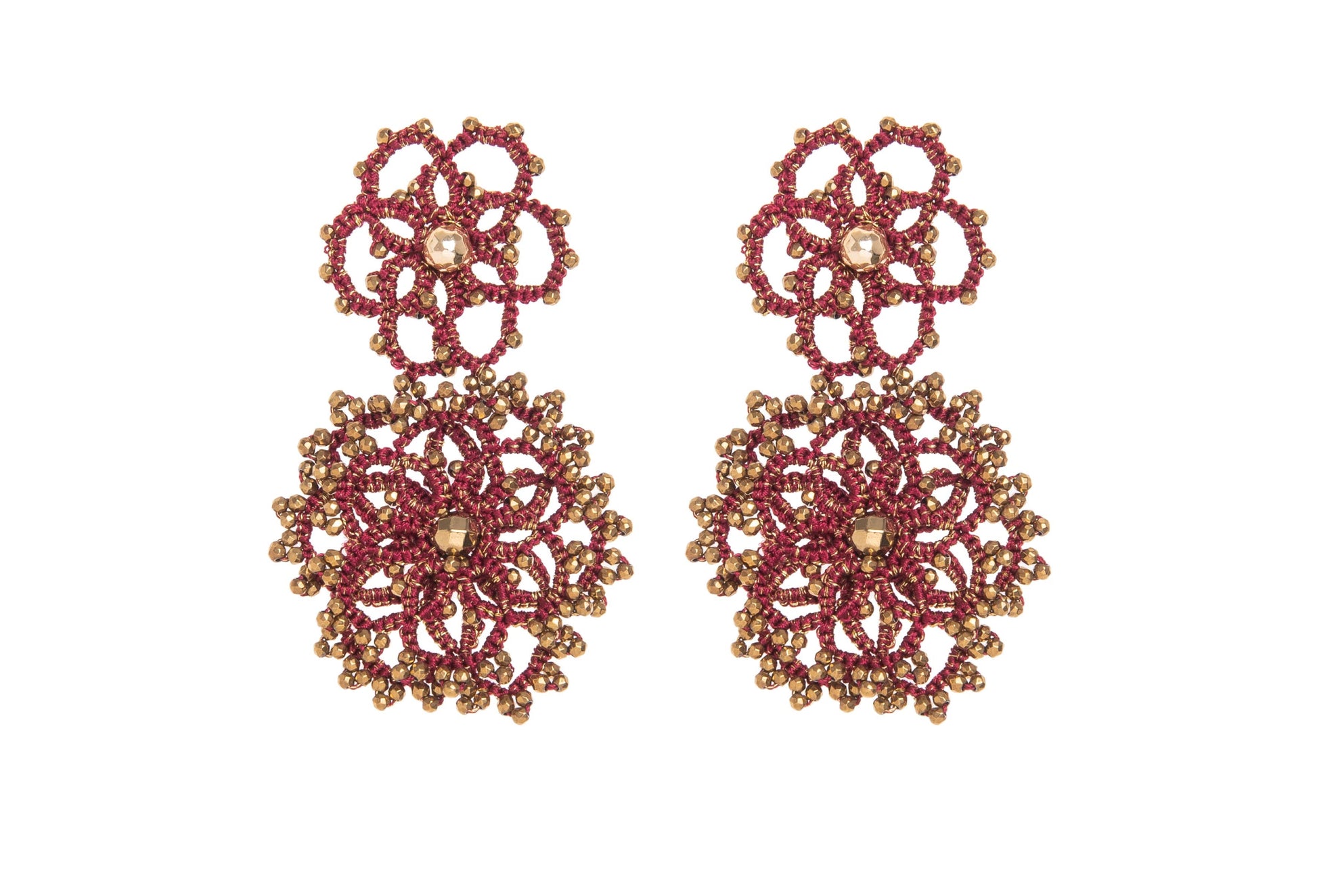 Pair of floral handcrafted lace earringson a white background