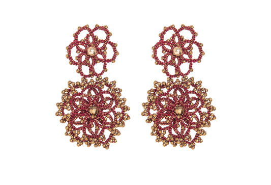 Pair of floral handcrafted lace earringson a white background