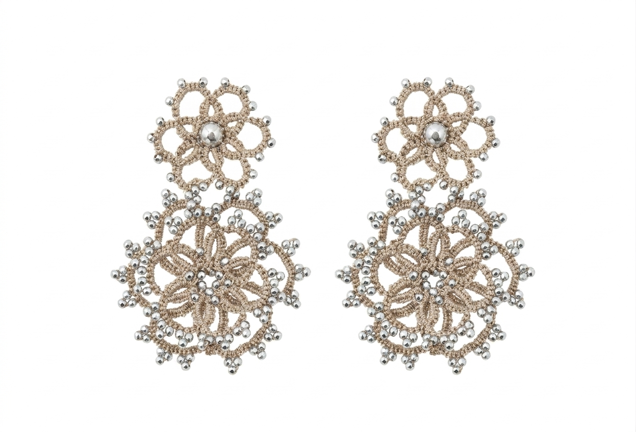 Pair of floral handcrafted lace earrings on a white background