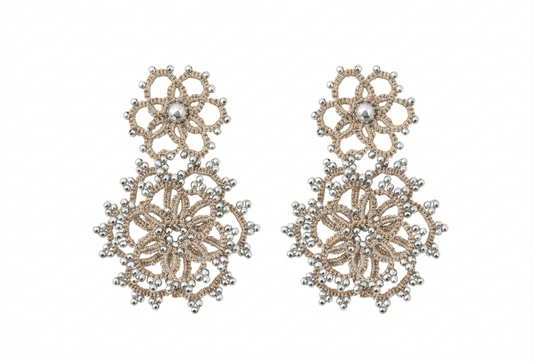 Pair of floral handcrafted lace earrings on a white background