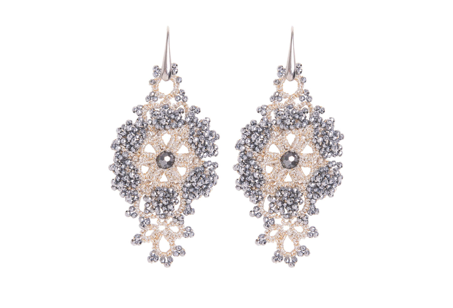 Pair of handcrafted lace earrings on a white background