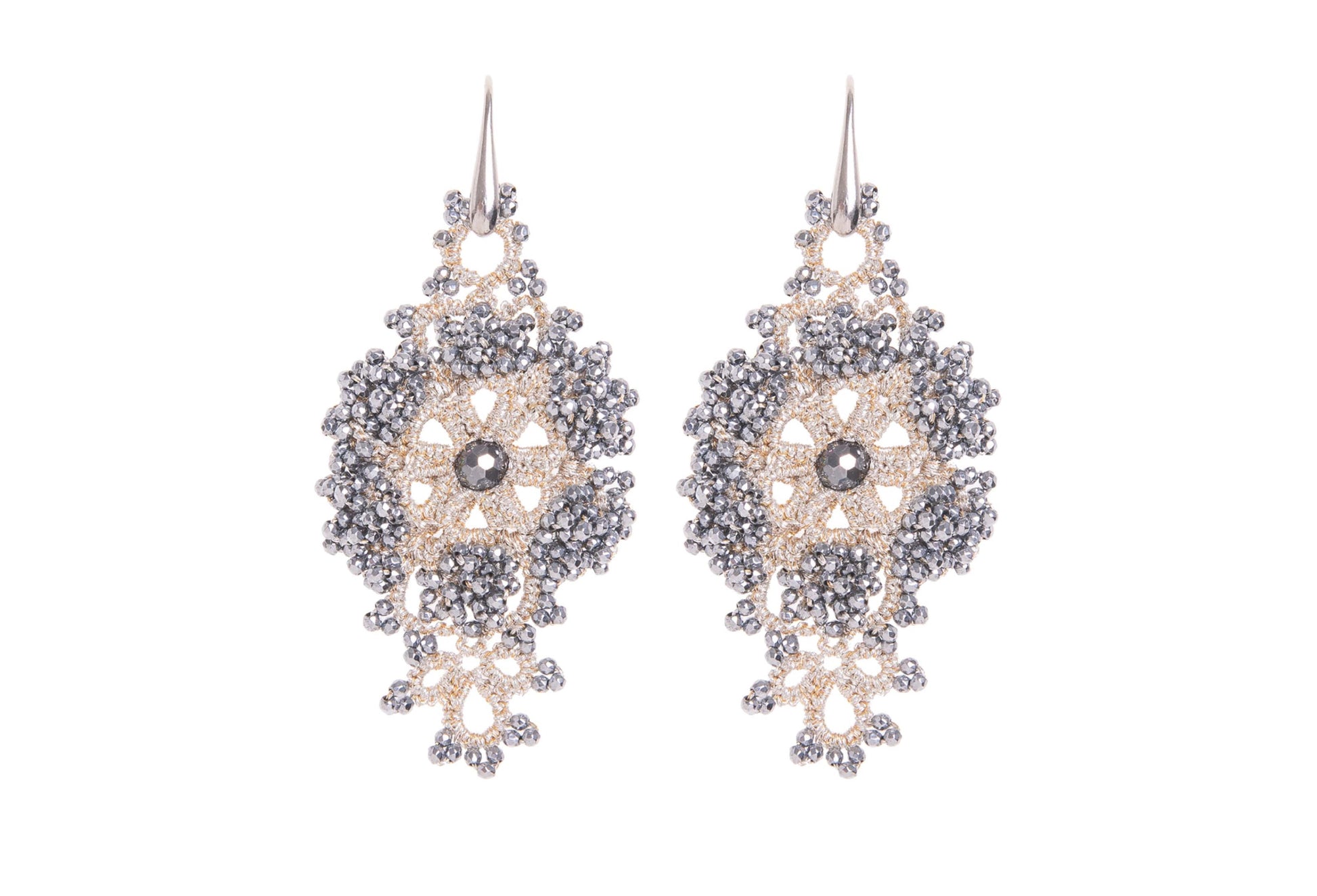 Pair of handcrafted lace earrings on a white background