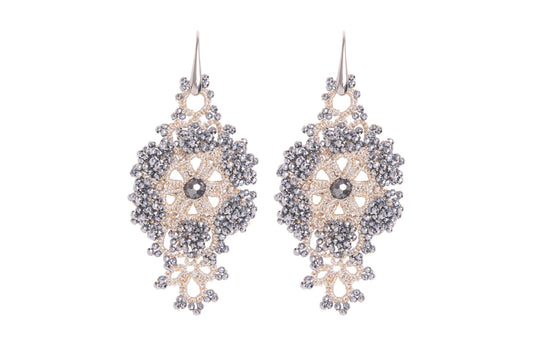 Pair of handcrafted lace earrings on a white background