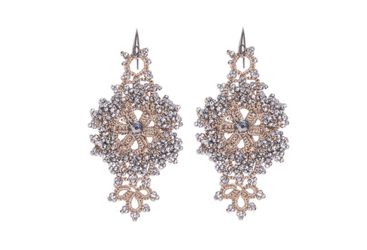 Pair of handcrafted lace earrings on a white background