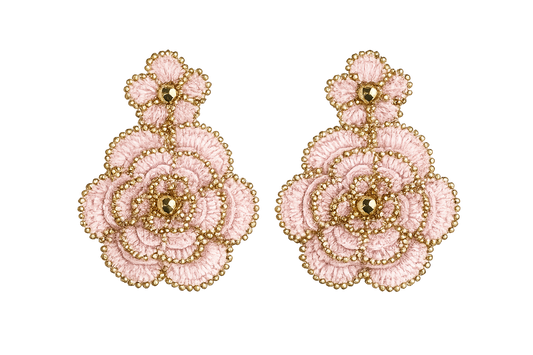 Flower handcrafted earrings with white pearls and gold natural gemstones 