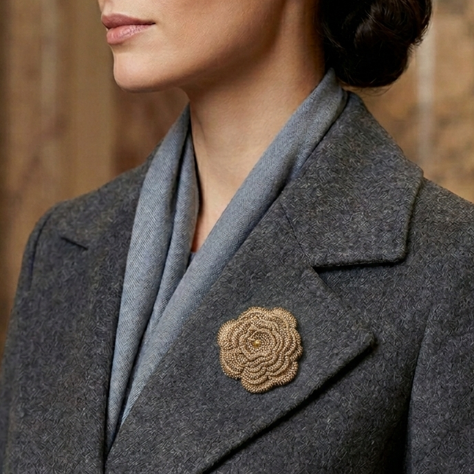 Close-up of a person wearing a gray coat with a Camelia handcrafted lace  brooch