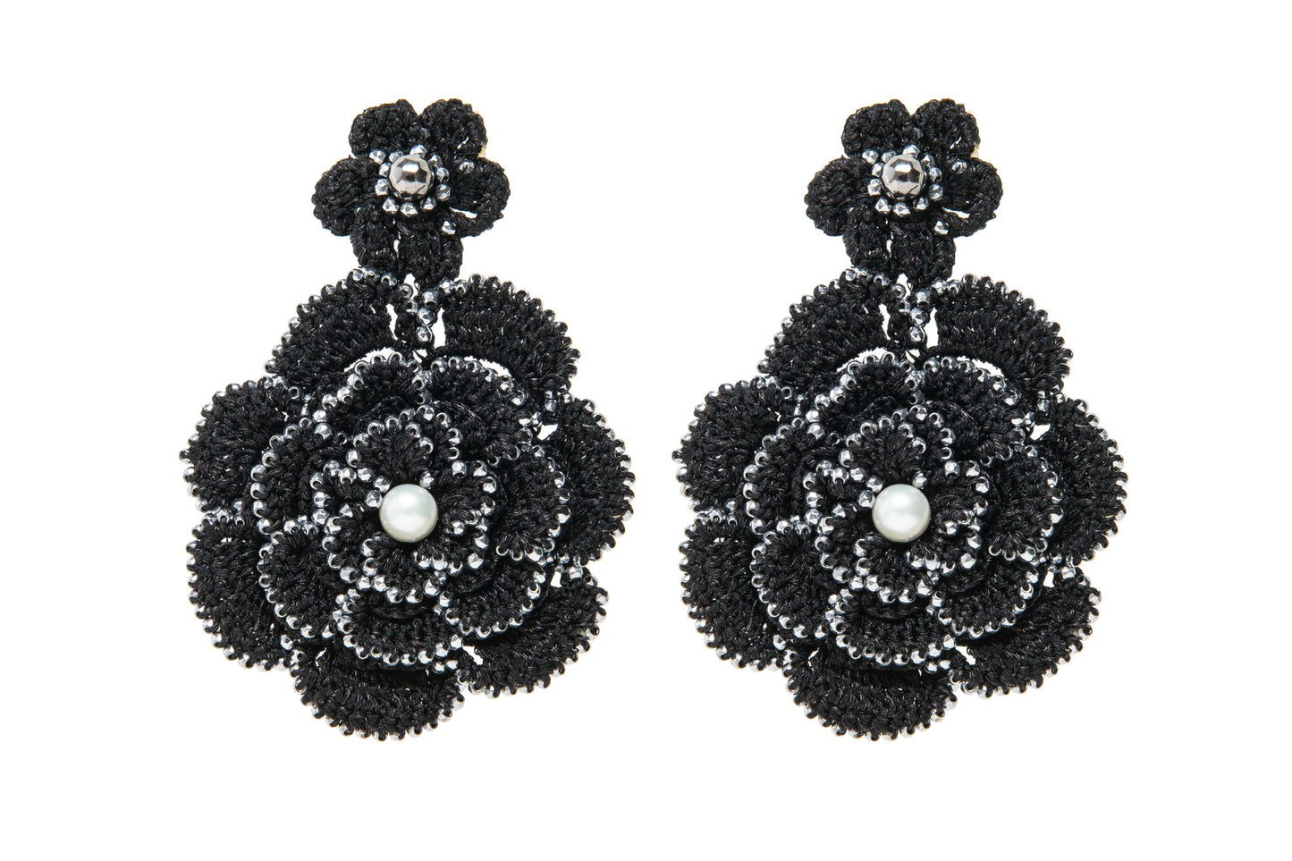 Camelia handcrafted lace earrings with freshwater pearls black