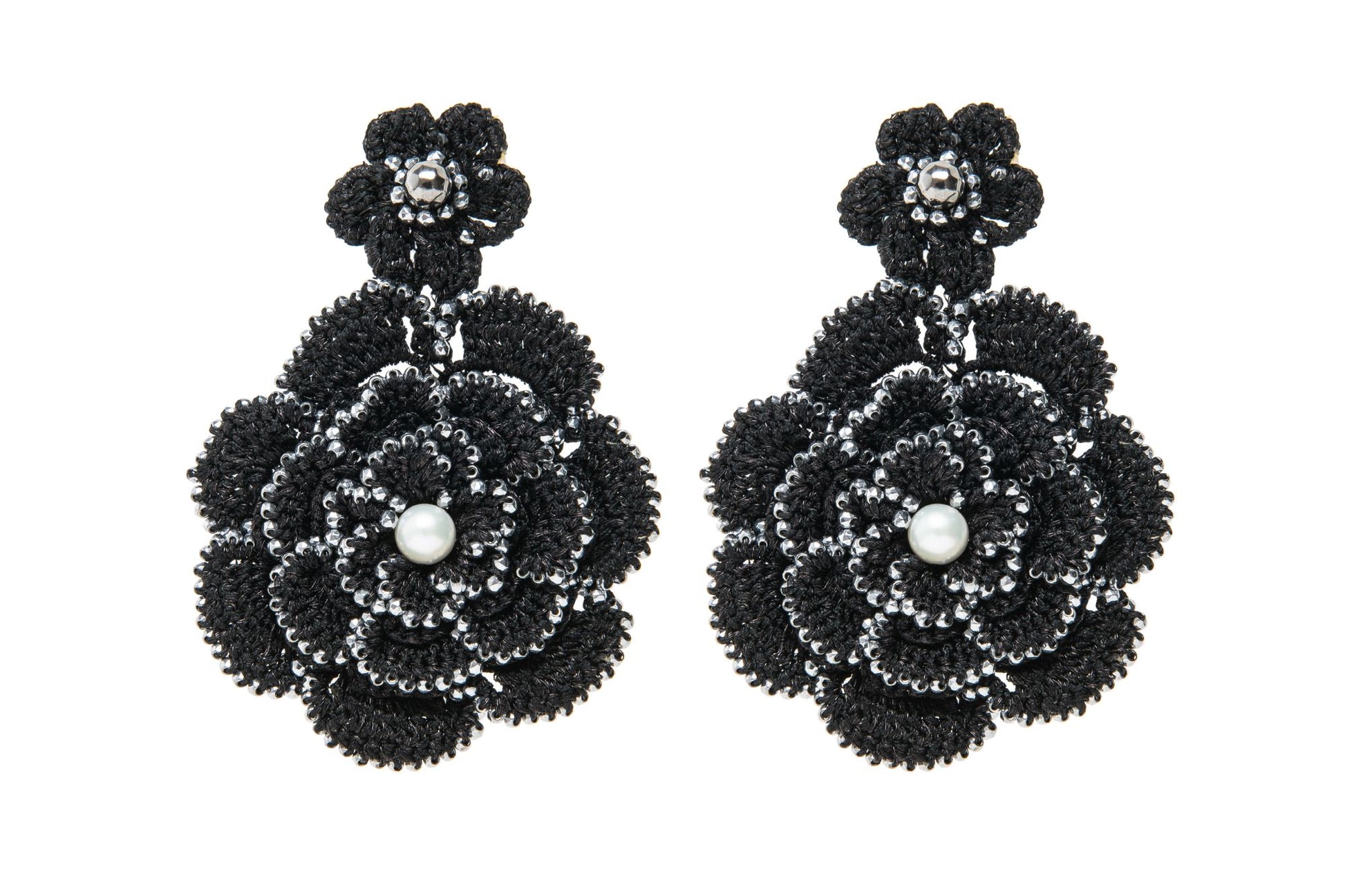 Camelia handcrafted lace earrings with freshwater pearls black