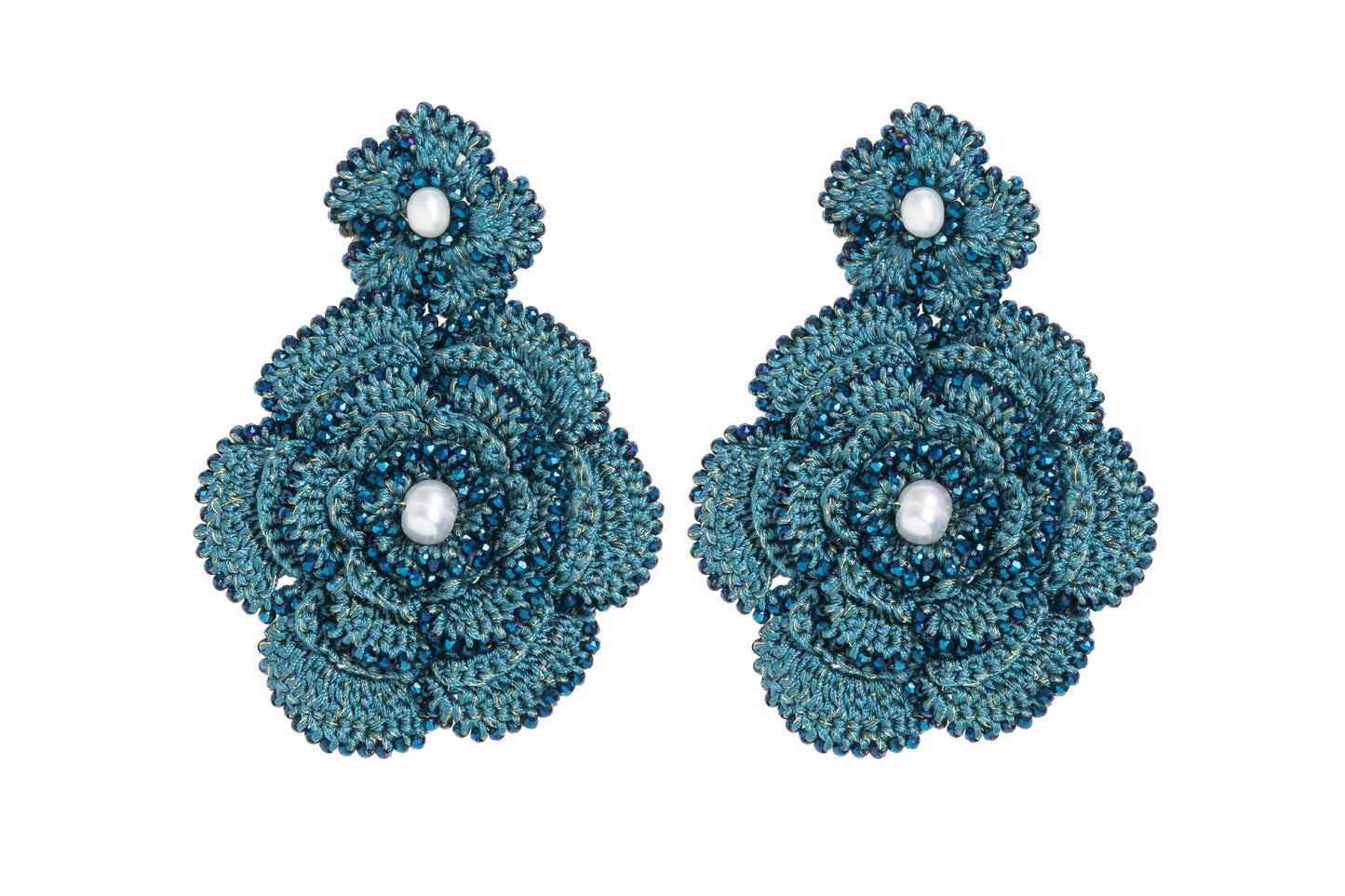 Camelia handcrafted lace earrings on white backround