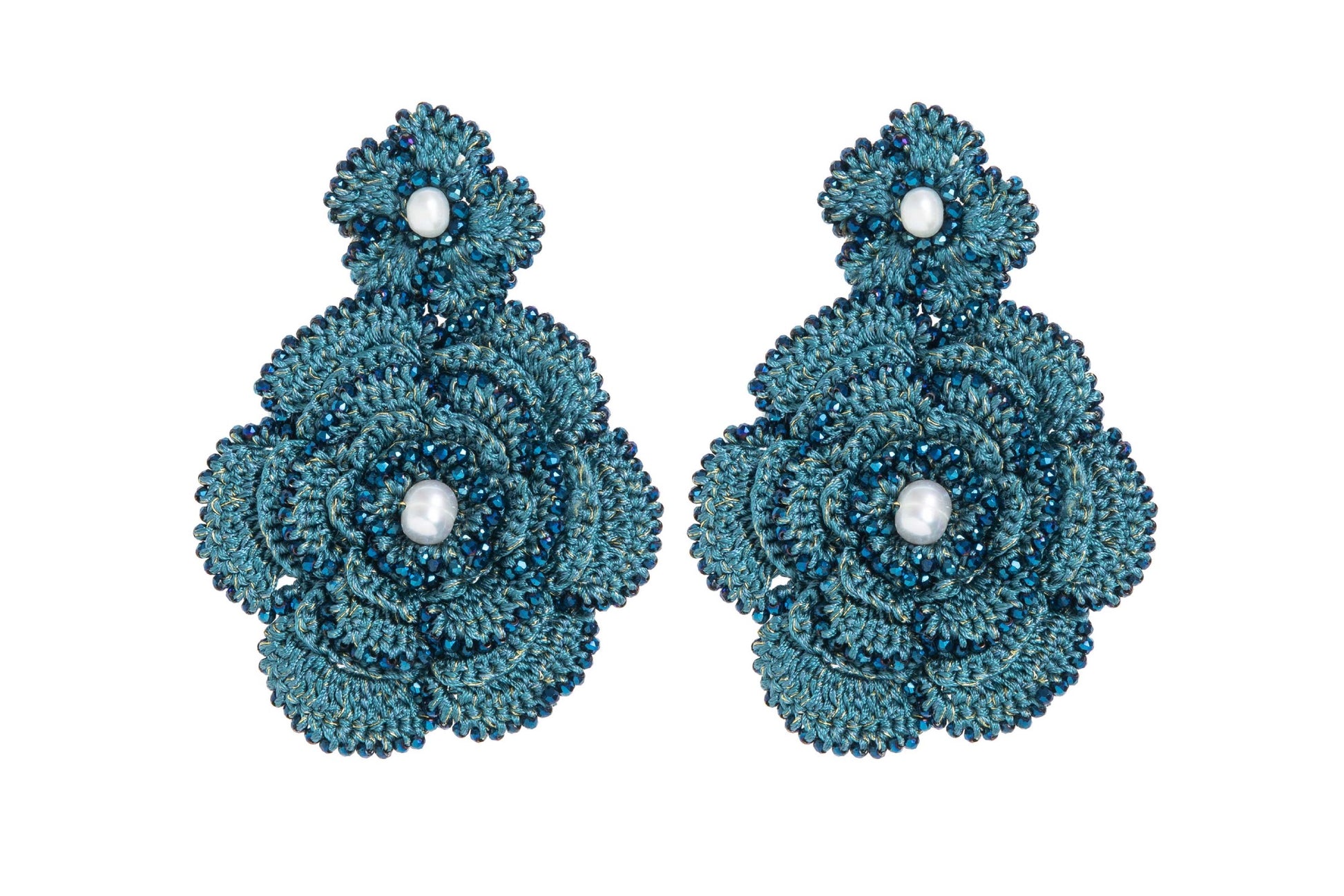 Camelia handcrafted lace earrings on white backround