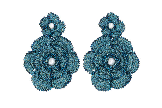 Camelia handcrafted lace earrings on white backround
