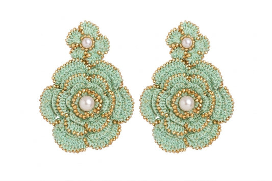 Flower handcrafted earrings with white pearls and gold natural gemstones 