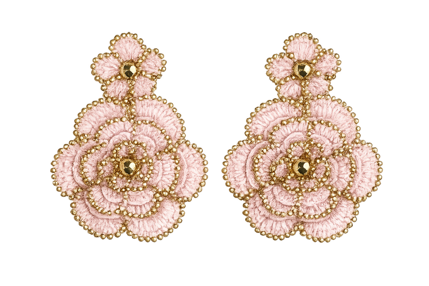 Pair of pink floral handcrafted lace earrings on a white background