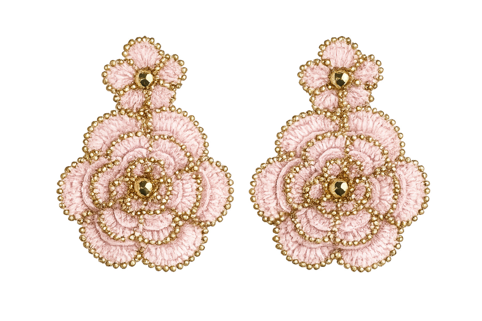 Pair of pink floral handcrafted lace earrings on a white background