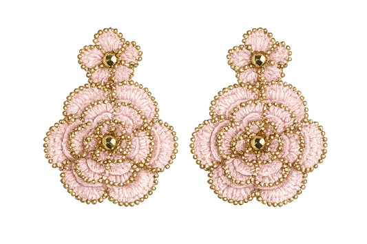 Pair of pink floral handcrafted lace earrings on a white background