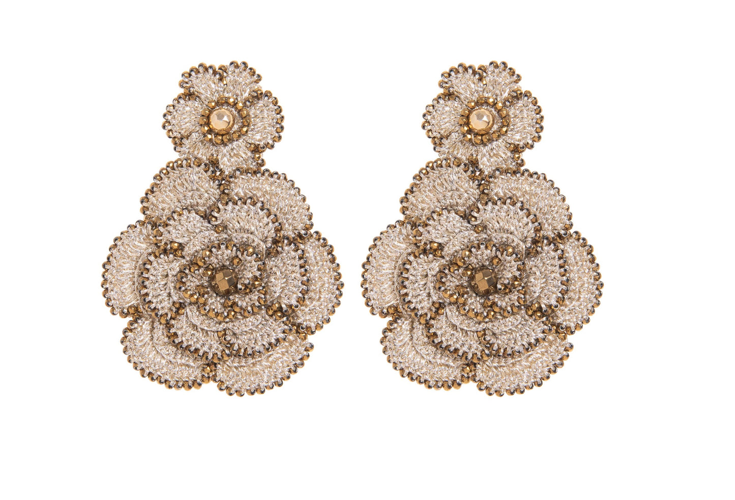 Pair of floral hand~crocheted earrings design on a white background
