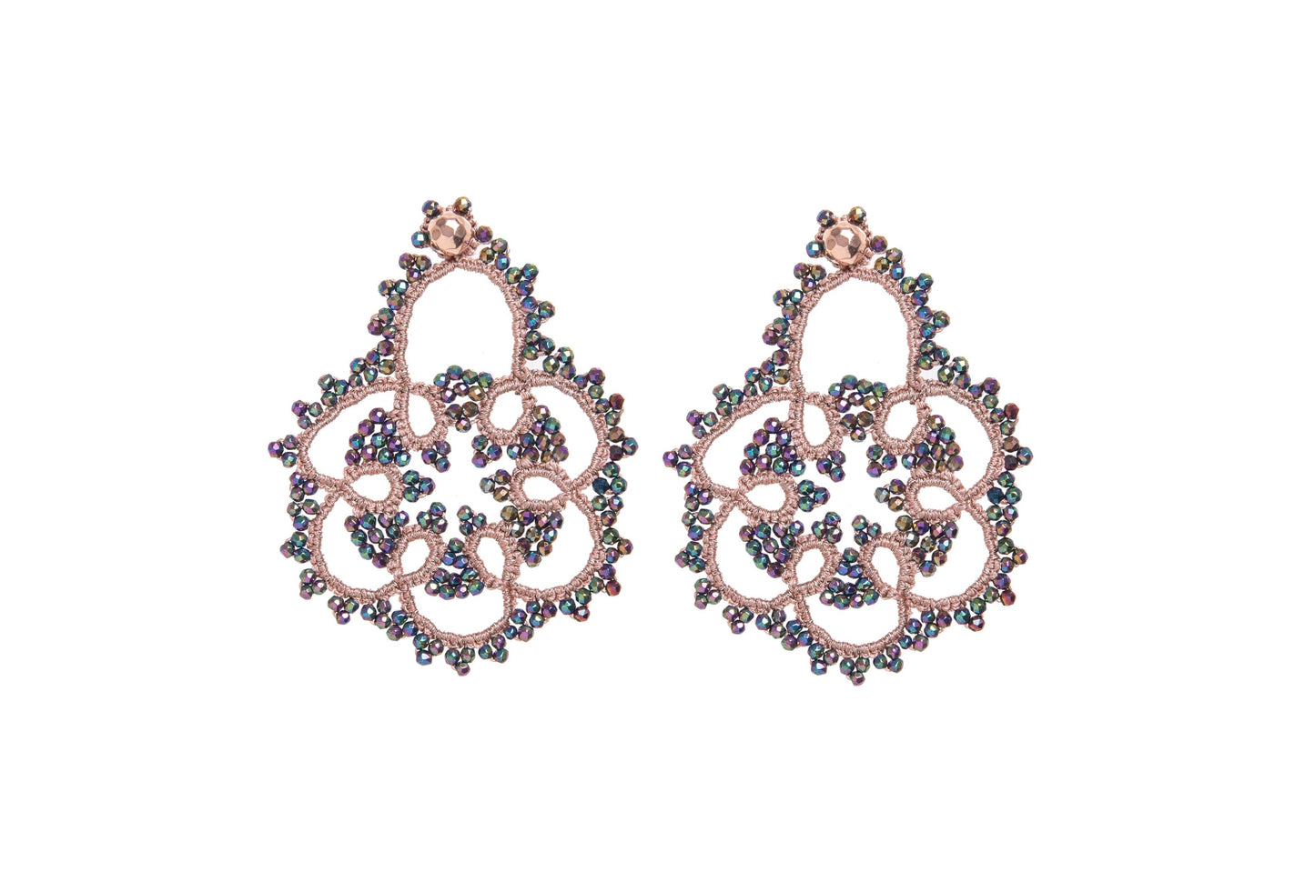 Flower handcrafted lace earrings on white backround