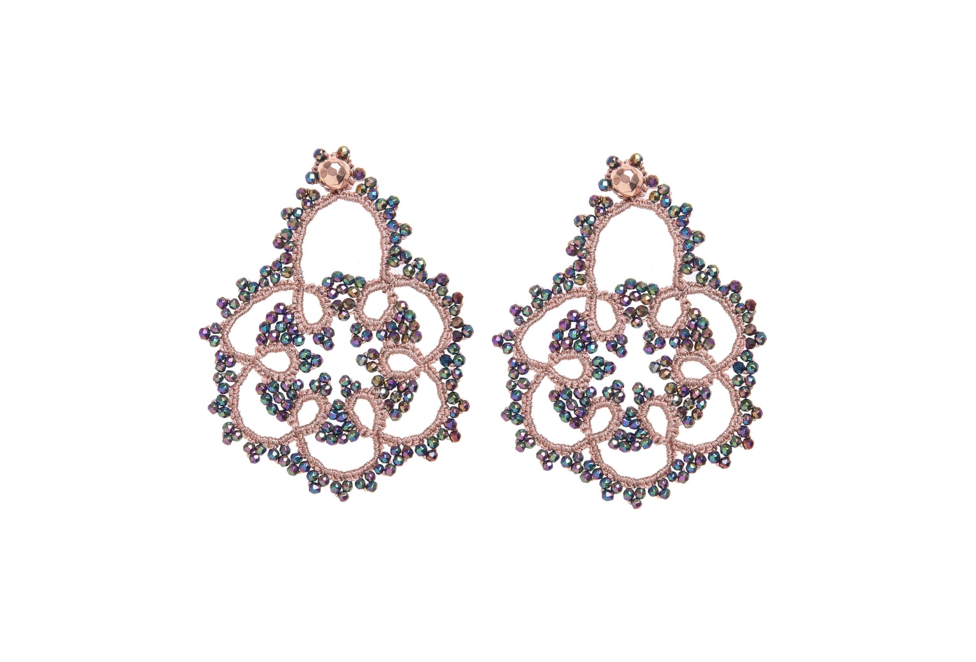 Flower handcrafted lace earrings on white backround