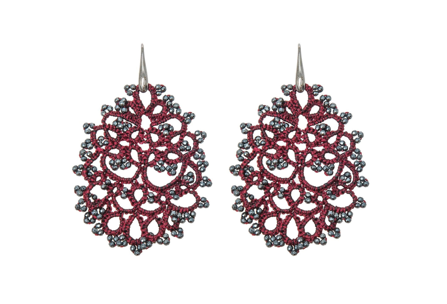 Gaia handcrafted gemstone lace earrings burgundy dark grey