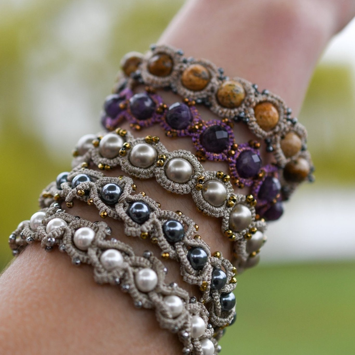 Ocean chic handcrafted gemstone lace bracelet being worn