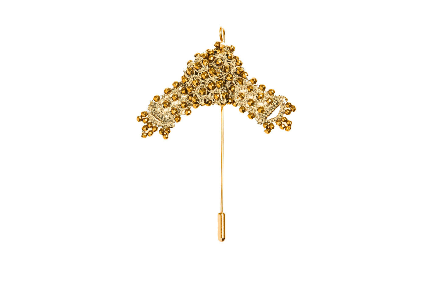 Japanese Bow handcrafted lace gold brooch on a white background